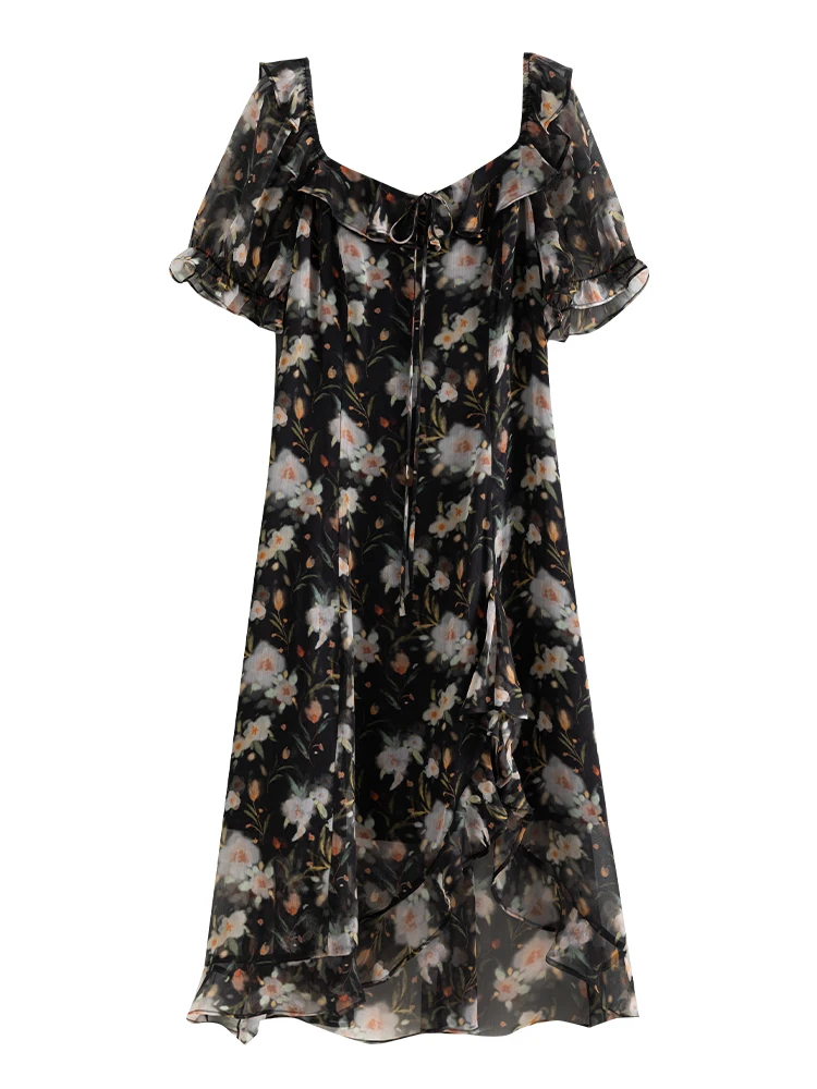 DUSHU Boho Elegant Floral Dress 2024 Summer New High Waist Slimming Printed Women Casual Loose Women Dress 24DS82693-9