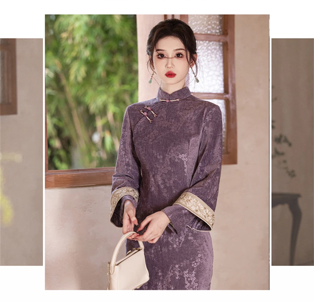Ladies Purple Jacquard Traditional Chinese Improved Cheongsam Vestidos Autumn Elegant Temperament Qipao Dress Daily Outer Wear-2