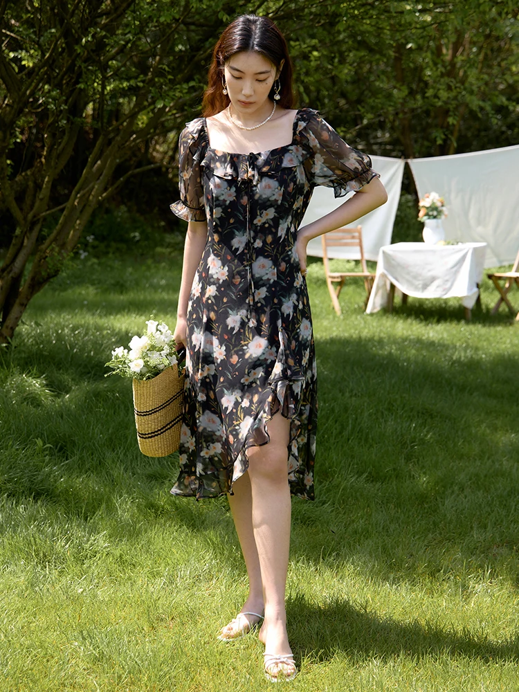 DUSHU Boho Elegant Floral Dress 2024 Summer New High Waist Slimming Printed Women Casual Loose Women Dress 24DS82693-6