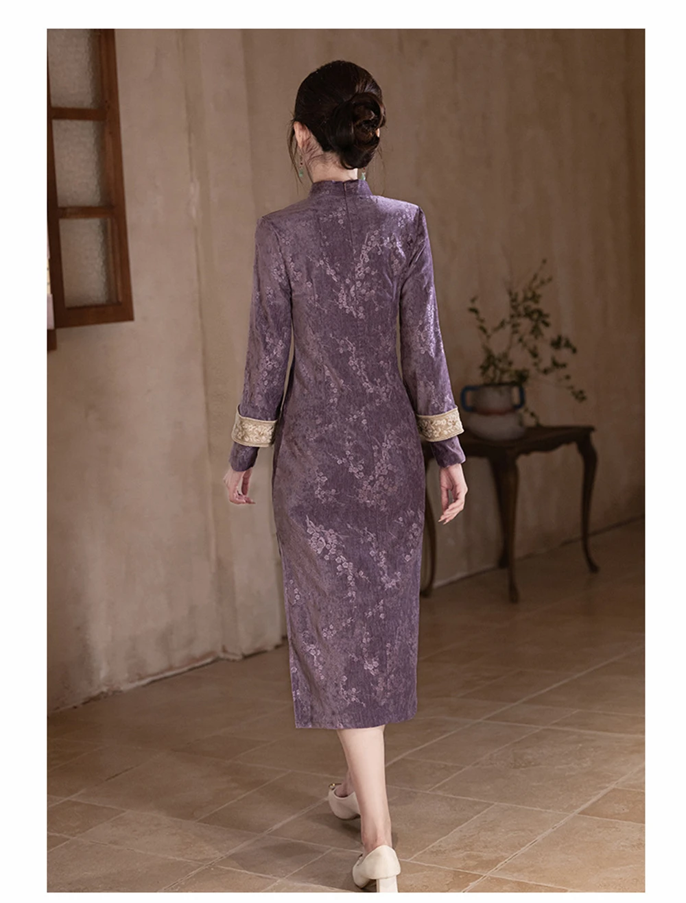 Ladies Purple Jacquard Traditional Chinese Improved Cheongsam Vestidos Autumn Elegant Temperament Qipao Dress Daily Outer Wear-6