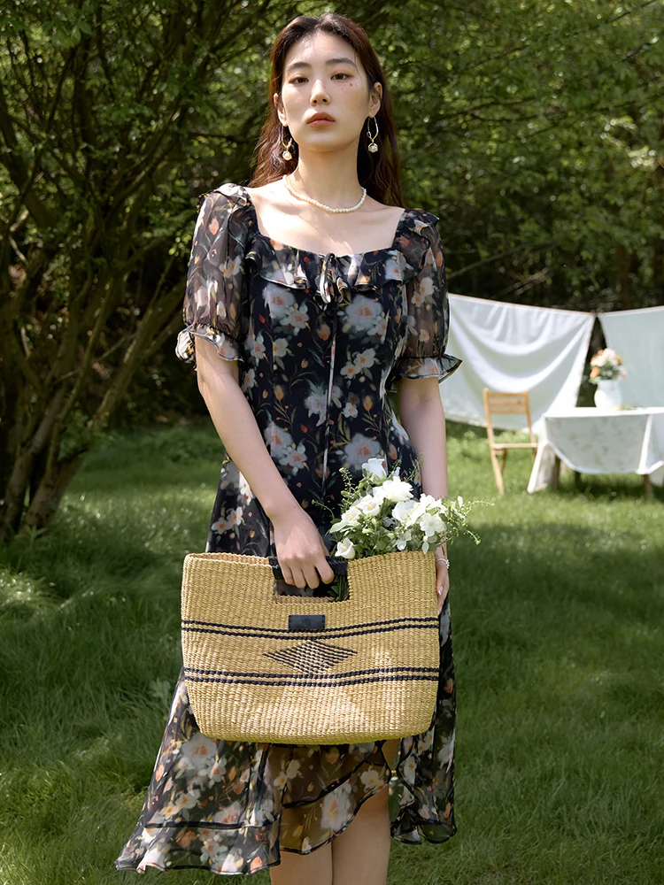 DUSHU Boho Elegant Floral Dress 2024 Summer New High Waist Slimming Printed Women Casual Loose Women Dress 24DS82693-5