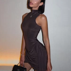 Mozision Turtleneck Sleeveless Sexy Mini Dress For Women Fashion Irregular Ruched Tank Dress Femme Elegant Club Party Dress 1