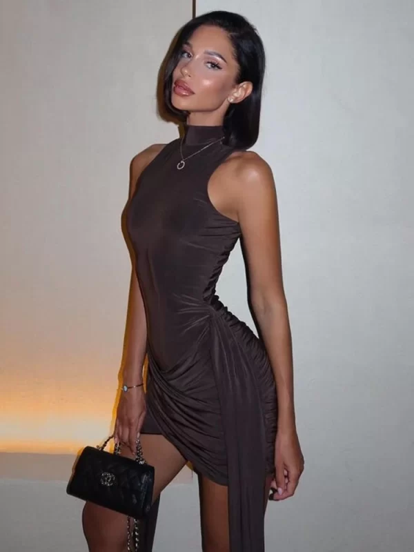 Mozision Turtleneck Sleeveless Sexy Mini Dress For Women Fashion Irregular Ruched Tank Dress Femme Elegant Club Party Dress 1