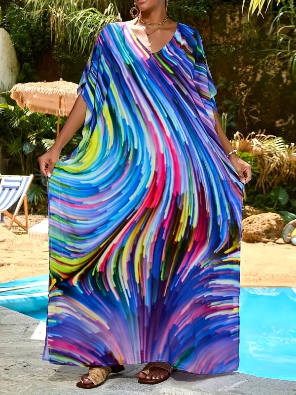 Bohemian Style Beach Cover Jumpsuit - Bright Abstract Print, Loose Fit, Side Slit, Lightweight And Breathable, Suitable For Summer Vacation, Women'S Swimsuit, Summer Swimsuit | Flowing Beach Clothing - Image 3