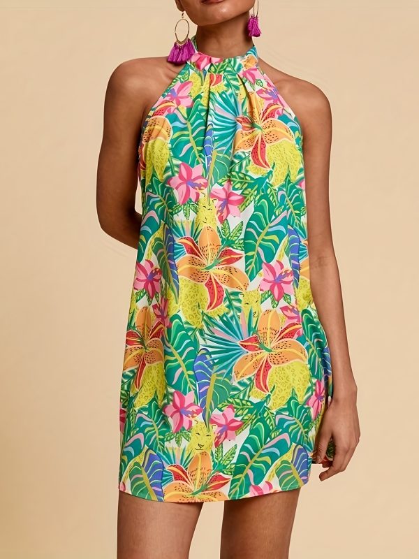 Women's Halterneck Backless Summer Beach Dress - Vibrant Floral Print, Lightweight & Breathable, Machine Washable, Bohemian Style for Poolside, Casual Outings & Summer Vacations, Poolside Outfit, Feminine Design, Breathable Fabric, Vacation Wardrobe - Image 4