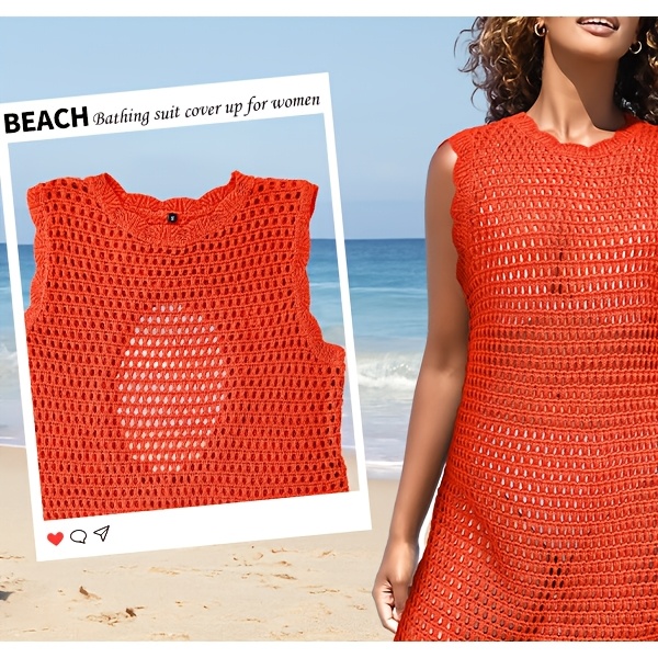 Cover-Up Dress for Women-Crochet Beach Cover-Up Dress for Swimwear-Vacation & Swimwear Cover-Up-Sexy Sleeveless Beach & Pool Outfit, Knee-Length with Eyelet Detail-1