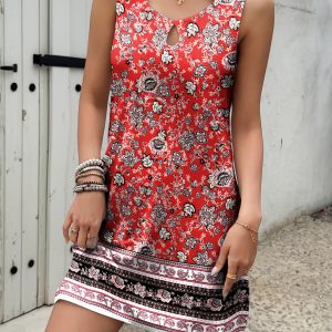 Boho Floral Print Sleeveless Tank Dress with Keyhole Detail - Casual A-Line Mini for Women, Vibrant Red Floral Print Design, Perfect for Spring/Summer, Lightweight and Breathable Fabric, Casual Attire | Crossbody Styling Versatility, Cute Dresses