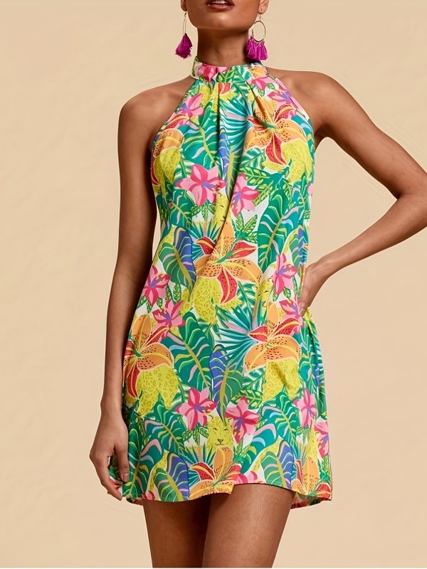 Women's Halterneck Backless Summer Beach Dress - Vibrant Floral Print, Lightweight & Breathable, Machine Washable, Bohemian Style for Poolside, Casual Outings & Summer Vacations, Poolside Outfit, Feminine Design, Breathable Fabric, Vacation Wardrobe - Image 3