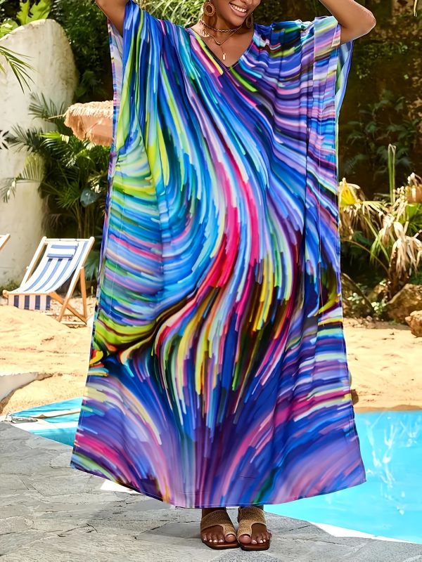 Bohemian Style Beach Cover Jumpsuit - Bright Abstract Print, Loose Fit, Side Slit, Lightweight And Breathable, Suitable For Summer Vacation, Women'S Swimsuit, Summer Swimsuit | Flowing Beach Clothing - Image 2