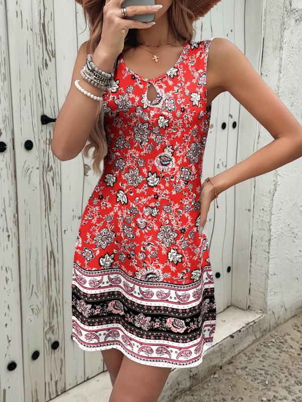 Boho Floral Print Sleeveless Tank Dress with Keyhole Detail - Casual A-Line Mini for Women, Vibrant Red Floral Print Design, Perfect for Spring/Summer, Lightweight and Breathable Fabric, Casual Attire | Crossbody Styling Versatility, Cute Dresses - Image 4