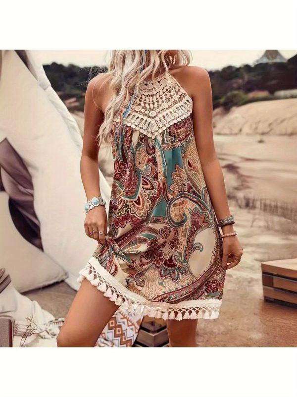 Bohemian Ethnic Print Pattern Lace Net Sleeveless Loose Halter Hanging Neck Dress Lace Tassel for Summer Seaside Beach Holiday - Image 2