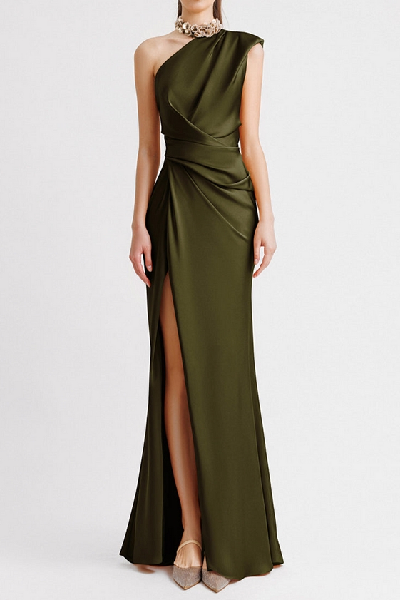 Women's Urban Style Dress 2025 Autumn winter Latest Solid Color Slant Neck Single Sleeve Waist Tight Fit Maxi Dress Long Skirt-2