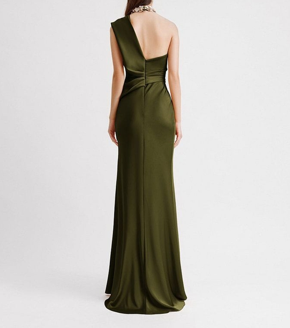 Women's Urban Style Dress 2025 Autumn winter Latest Solid Color Slant Neck Single Sleeve Waist Tight Fit Maxi Dress Long Skirt-3