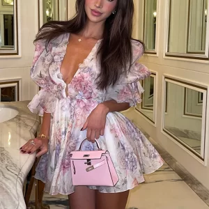 Sexy Flare Sleeve V Neck Printed Mini Dress Fashion Pleated A-line High Waist Gown New Lady Summer Evening Party Club Vestidos 1