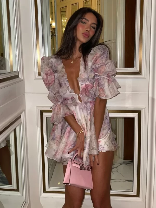Sexy Flare Sleeve V Neck Printed Mini Dress Fashion Pleated A-line High Waist Gown New Lady Summer Evening Party Club Vestidos 4