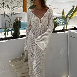 Sexy Women White Long Knit Sleeve Bikin Fashion Cover up Female See-Through Deep V-Neck Hollow-Out Beach Knitwear Backless Dress 1