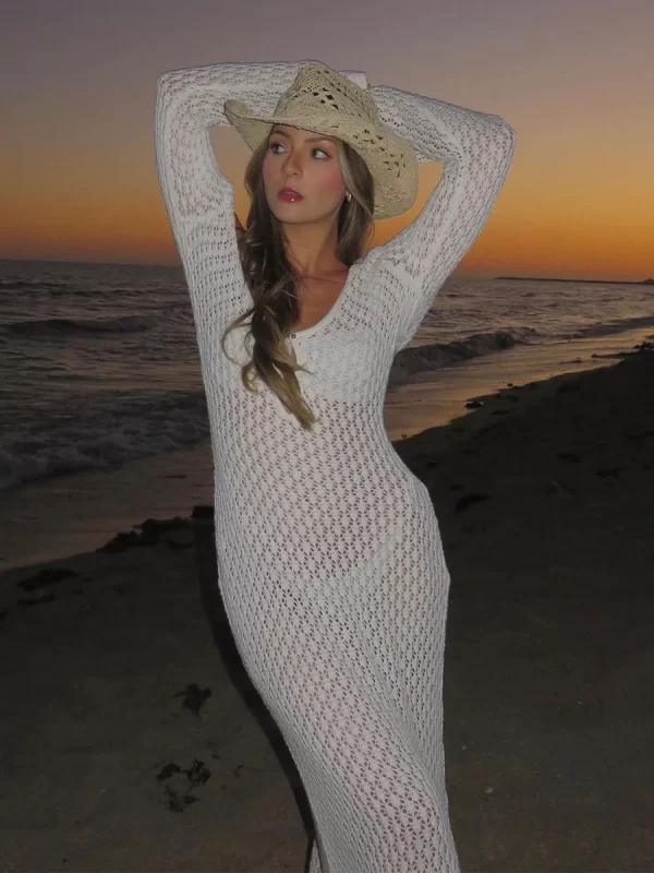 Sexy Women White Long Knit Sleeve Bikin Fashion Cover up Female See-Through Deep V-Neck Hollow-Out Beach Knitwear Backless Dress 2