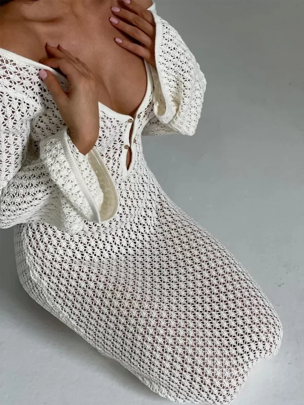 Sexy Women White Long Knit Sleeve Bikin Fashion Cover up Female See-Through Deep V-Neck Hollow-Out Beach Knitwear Backless Dress 6