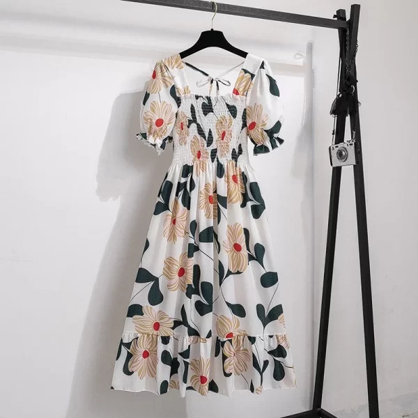 Spring Summer Chiffon Dresses Fashion Female Elastic Waist Short Sleeve Pleated Casual Dress Women A-line Dresses Vestidos 2