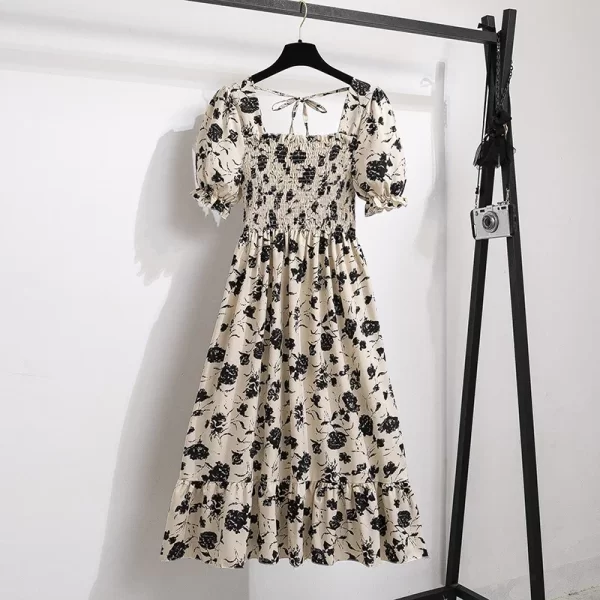 Spring Summer Chiffon Dresses Fashion Female Elastic Waist Short Sleeve Pleated Casual Dress Women A-line Dresses Vestidos 3