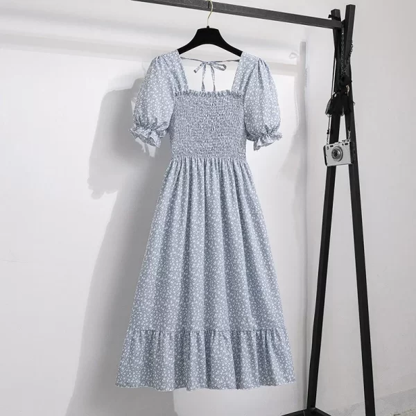 Spring Summer Chiffon Dresses Fashion Female Elastic Waist Short Sleeve Pleated Casual Dress Women A-line Dresses Vestidos 4