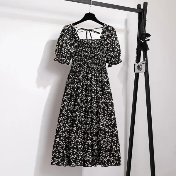 Spring Summer Chiffon Dresses Fashion Female Elastic Waist Short Sleeve Pleated Casual Dress Women A-line Dresses Vestidos 6
