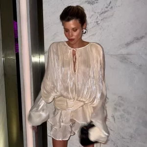 Stunning Shiny Ruffles Lace Up Mini Dress Women's Chic Loose Hollow Out A-line Pleated Vestidos Lady Summer Party Gowns 2025 New 1