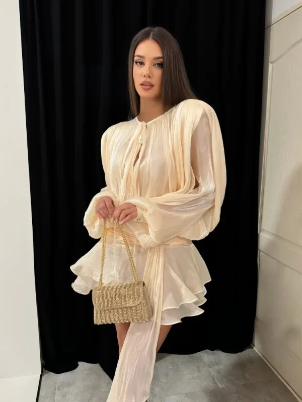Stunning Shiny Ruffles Lace Up Mini Dress Women's Chic Loose Hollow Out A-line Pleated Vestidos Lady Summer Party Gowns 2025 New 4