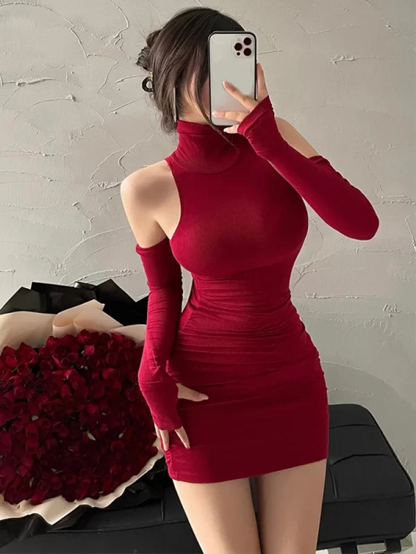 Summer Sexy High Neck Tight Dress Oversleeve Pleated Bottom Wrapped Hip Dress Women Bodycon 2
