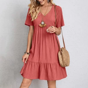 Summer Solid Dress Women Casual Bohemian V Neck Short Sleeve Ruffles Loose A Line Mini Dress Elegant Beach Party Vestidos Street 1