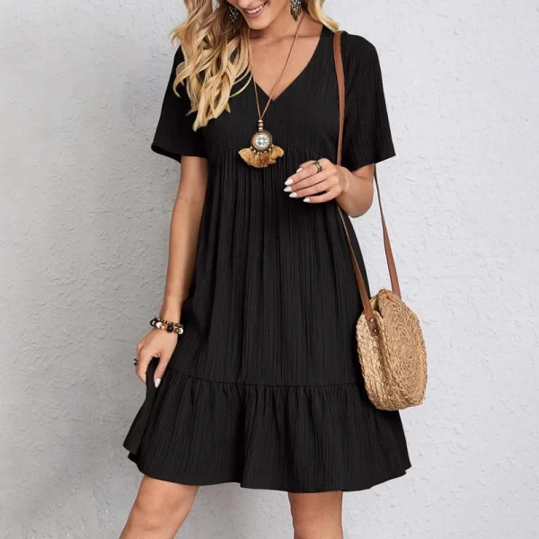 Summer Solid Dress Women Casual Bohemian V Neck Short Sleeve Ruffles Loose A Line Mini Dress Elegant Beach Party Vestidos Street 3