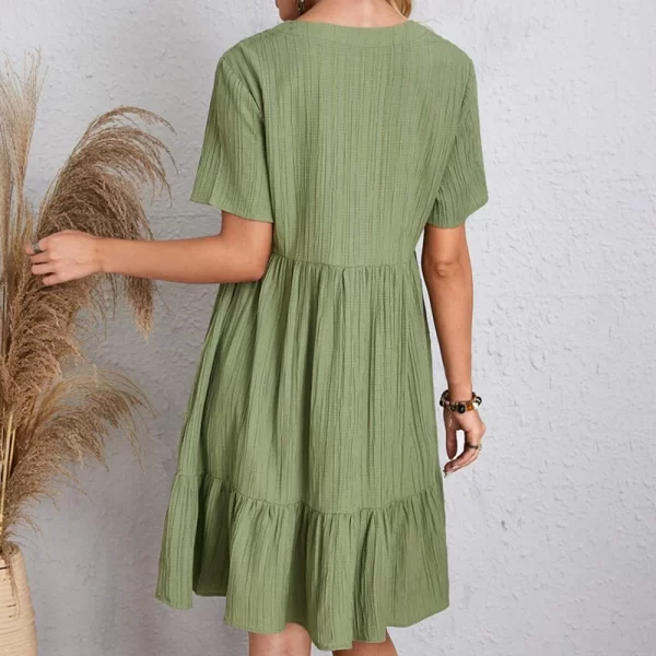 Summer Solid Dress Women Casual Bohemian V Neck Short Sleeve Ruffles Loose A Line Mini Dress Elegant Beach Party Vestidos Street 6
