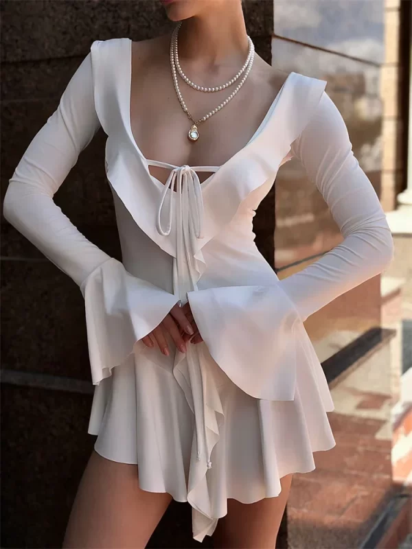 Tossy Ruffled Lace-Up White Mini Dress Women's V-Neck Patchwork Long Sleeve Sexy Slim Dress Bandage Elegant Female Summer Dress 4