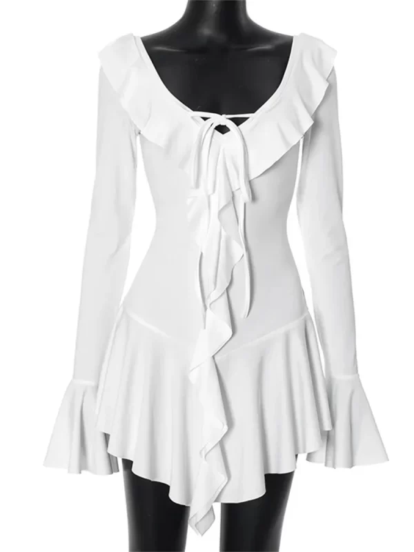 Tossy Ruffled Lace-Up White Mini Dress Women's V-Neck Patchwork Long Sleeve Sexy Slim Dress Bandage Elegant Female Summer Dress 6