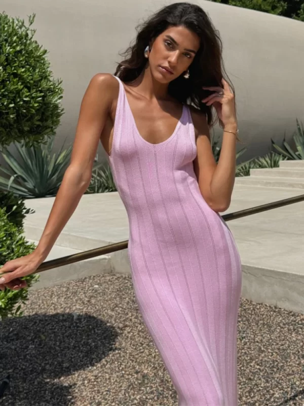 Trendix Knit Backless Dress For Women V Neck Slim Sleeveless Suspender Maxi Dress Vacation Sexy Beach Knitted Elegant Long Dress 4