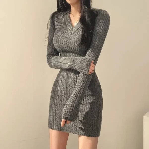 Women Knit Slim Sexy Bodycon Dress V-Neck Long Sleeve Dress Solid Casual Midi Sweater Dress For Women 2024 Autumn Winter 3