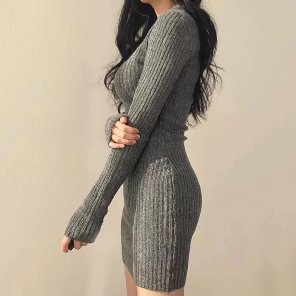 Women Knit Slim Sexy Bodycon Dress V-Neck Long Sleeve Dress Solid Casual Midi Sweater Dress For Women 2024 Autumn Winter 5