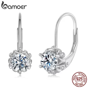 bamoer platinum plated moissanite flower earrings for women, round cut lab diamond 925 sterling silver hypoallergenic earrings