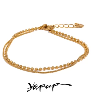yhpup stainless steel flat & bead chains double layer fashion bracelet bangle men women charm summer beach trendy chic jewelry