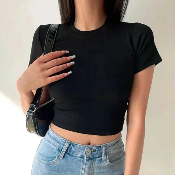 short sleeve t shirt women solid simple casual soft all match basic crop tops tees summer fashion skinny tops black white