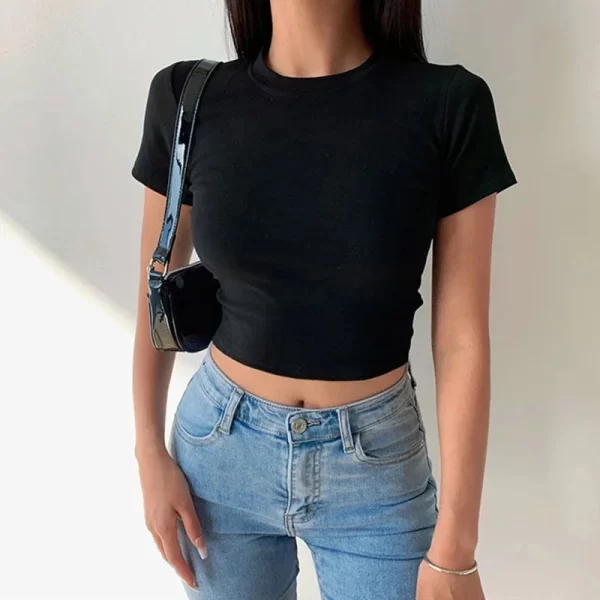 short sleeve t shirt women solid simple casual soft all match basic crop tops tees summer fashion skinny tops black white