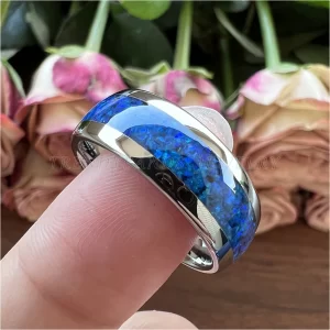 6mm 8mm rings for men women tungsten wedding band fashion jewelry blue opal inlay domed polished shiny comfort fit