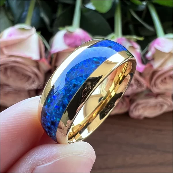 6mm 8mm rings for men women tungsten wedding band fashion jewelry blue opal inlay domed polished shiny comfort fit