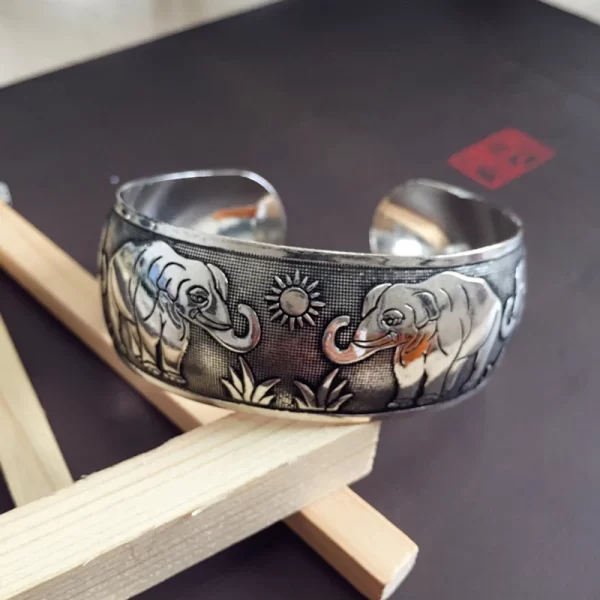 bohemian ethnic style retro silver wide bracelet for women carved flower opening fashionable bracelet boho vintage jewelry