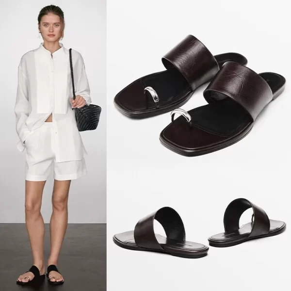 mrxmus dutit women shoes genuine leather slippers toed sandals fashionable cracked leather commuting flat shoes
