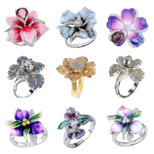 2025 new fashion zircon red princess cut crystal enamel flower ring for women's wedding party jewelry wholesale