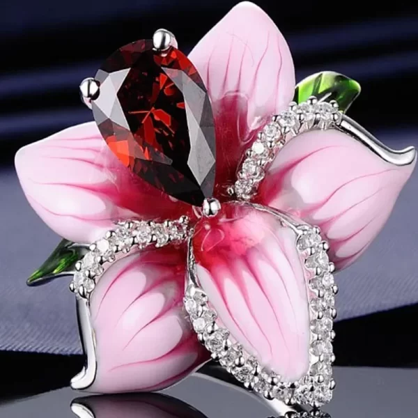 2025 new fashion zircon red princess cut crystal enamel flower ring for women's wedding party jewelry wholesale