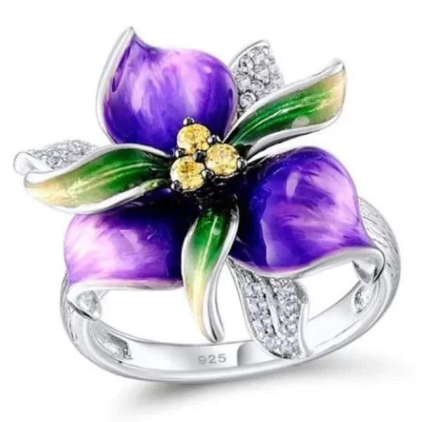 2025 new fashion zircon red princess cut crystal enamel flower ring for women's wedding party jewelry wholesale