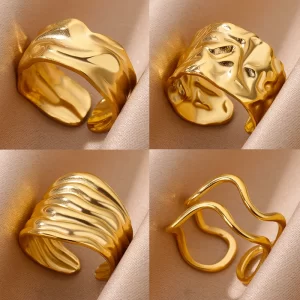 irregular geometric chunky opening rings for women stainless steel gold color wedding ring aesthetic fashion jewelry party gift