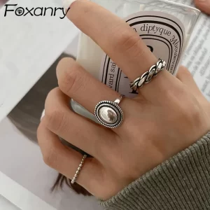 foxanry silver color rings couples accessories ins fashion vintage twist design round shape geometric thai silver jewelry